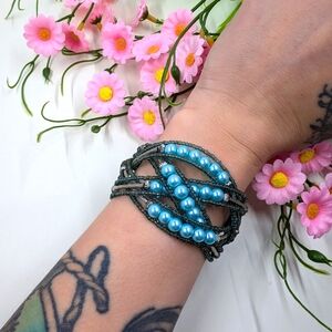 Bright Blue Beaded Handmade Vintage Cuff Style Bracelet